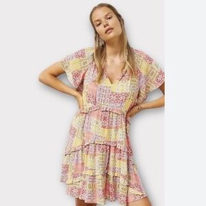 Anthropologie Robin Tiered Mini Dress in Pink Patchwork Size Extra Small NWT